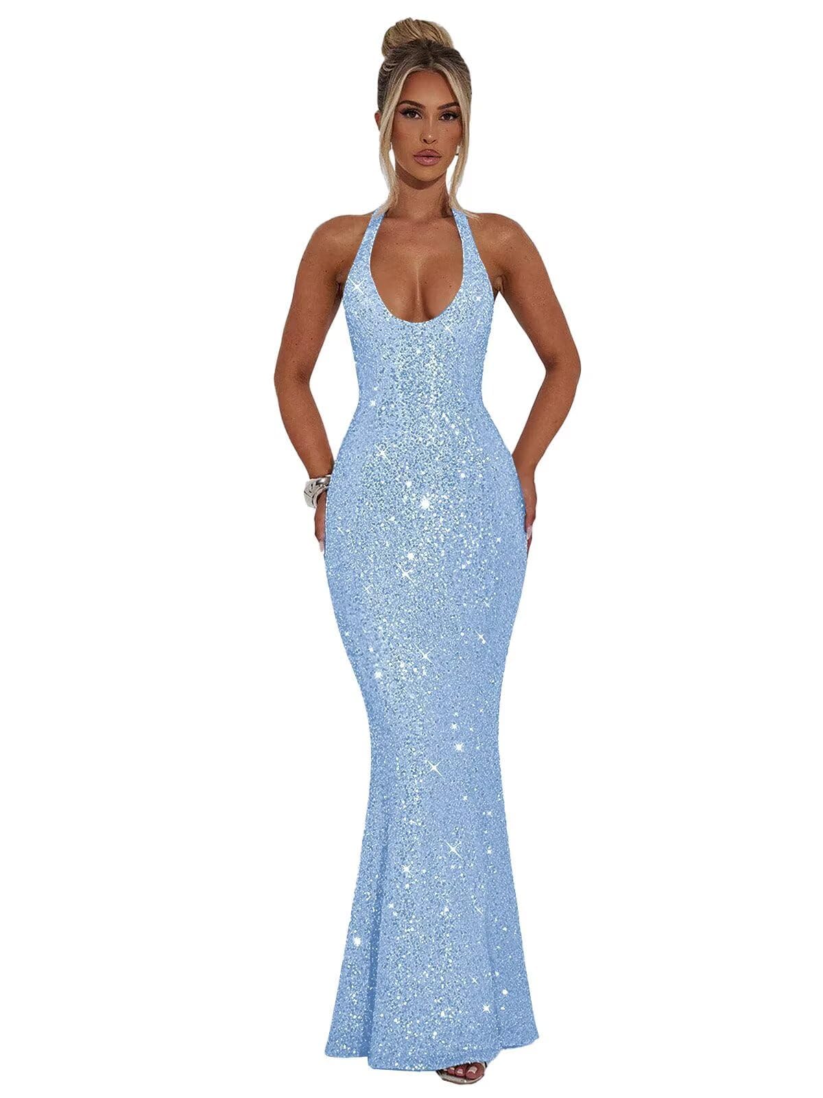 Halter Sequin Prom Dresses for Women Sparkly Corset Mermaid Formal Evening Cocktail Party Gowns Long Dresses for Party