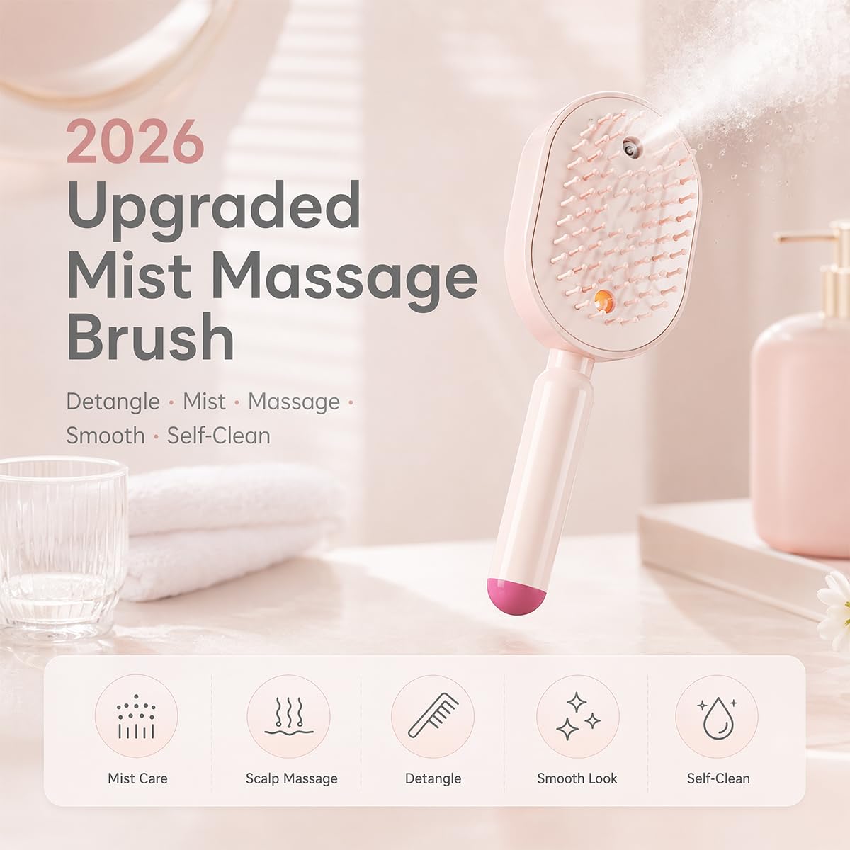 2026 Upgraded Electric Spray air Cushion Massage Comb, Anti-Static & Detangling,Retractable Massage Steam Brush for Frizzy Hair & Scalp Care,Women Men, Rechargeable Air Cushion Hair Brush (Pink)