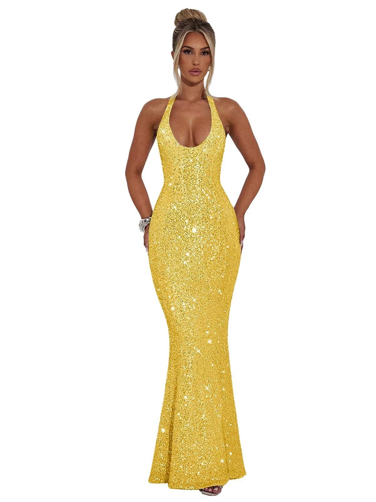 Halter Sequin Prom Dresses for Women Sparkly Corset Mermaid Formal Evening Cocktail Party Gowns Long Dresses for Party