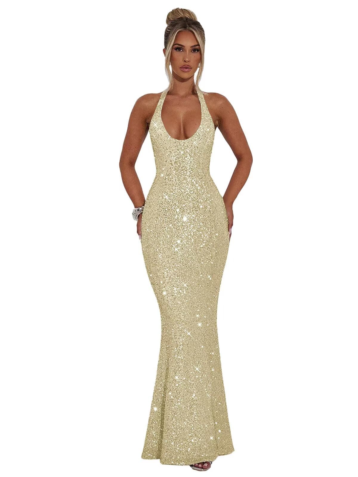 Halter Sequin Prom Dresses for Women Sparkly Corset Mermaid Formal Evening Cocktail Party Gowns Long Dresses for Party