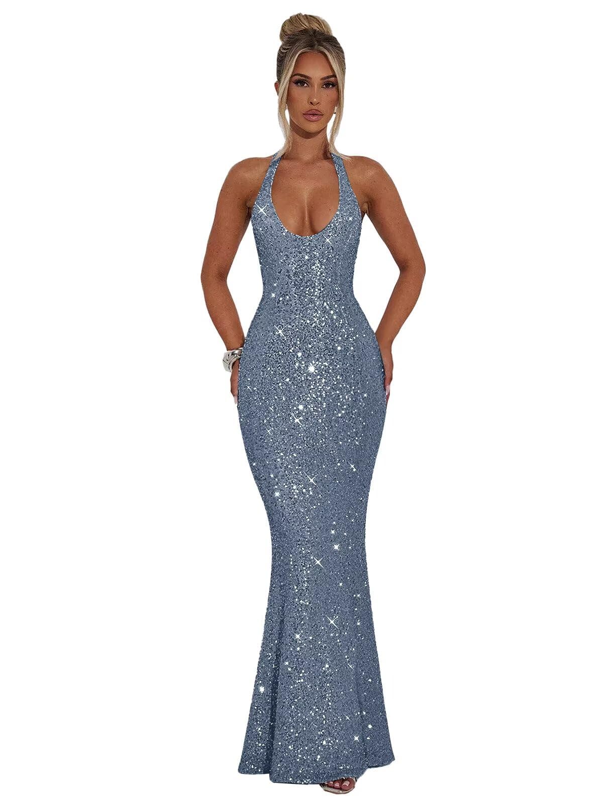 Halter Sequin Prom Dresses for Women Sparkly Corset Mermaid Formal Evening Cocktail Party Gowns Long Dresses for Party