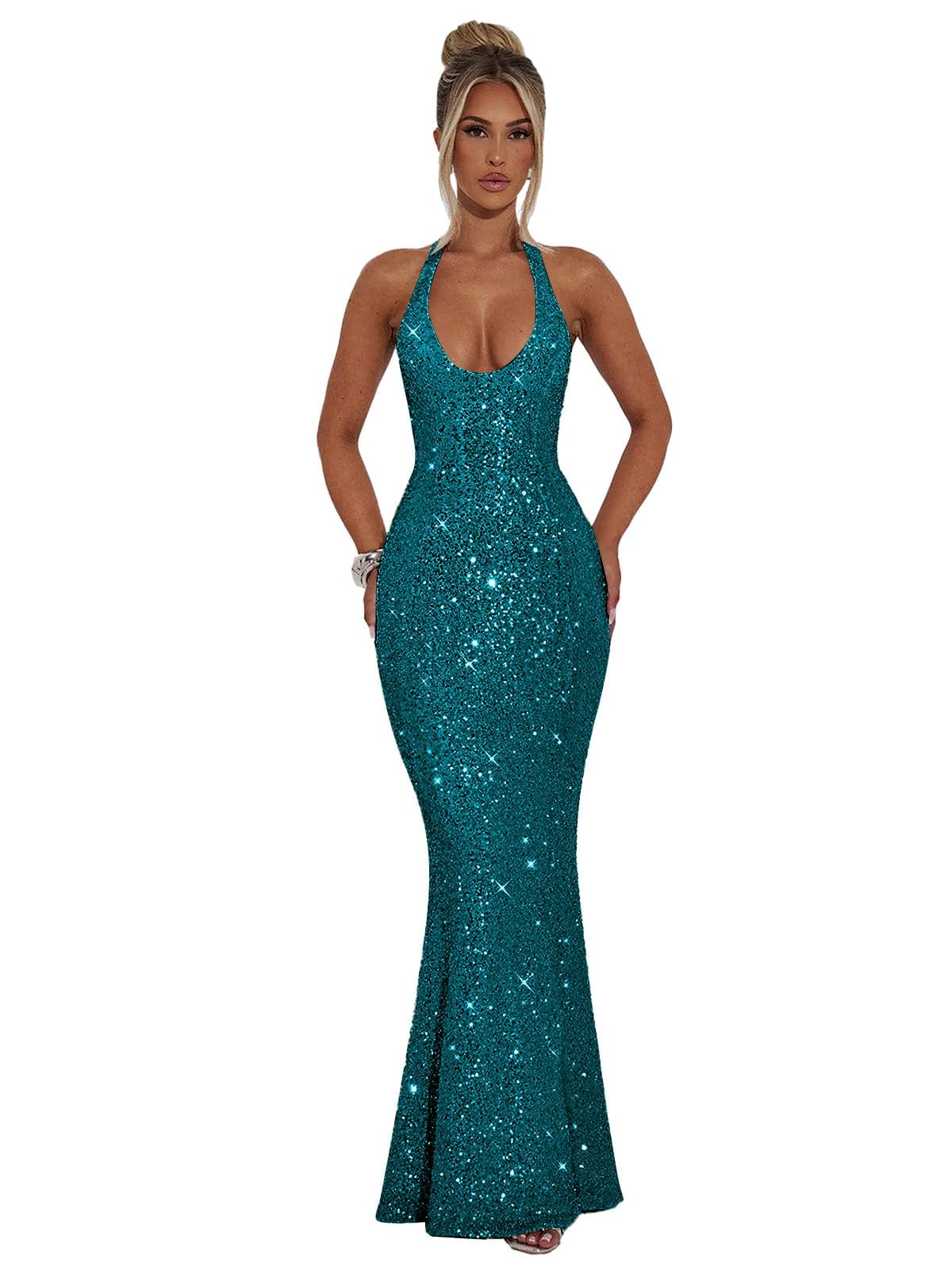 Halter Sequin Prom Dresses for Women Sparkly Corset Mermaid Formal Evening Cocktail Party Gowns Long Dresses for Party