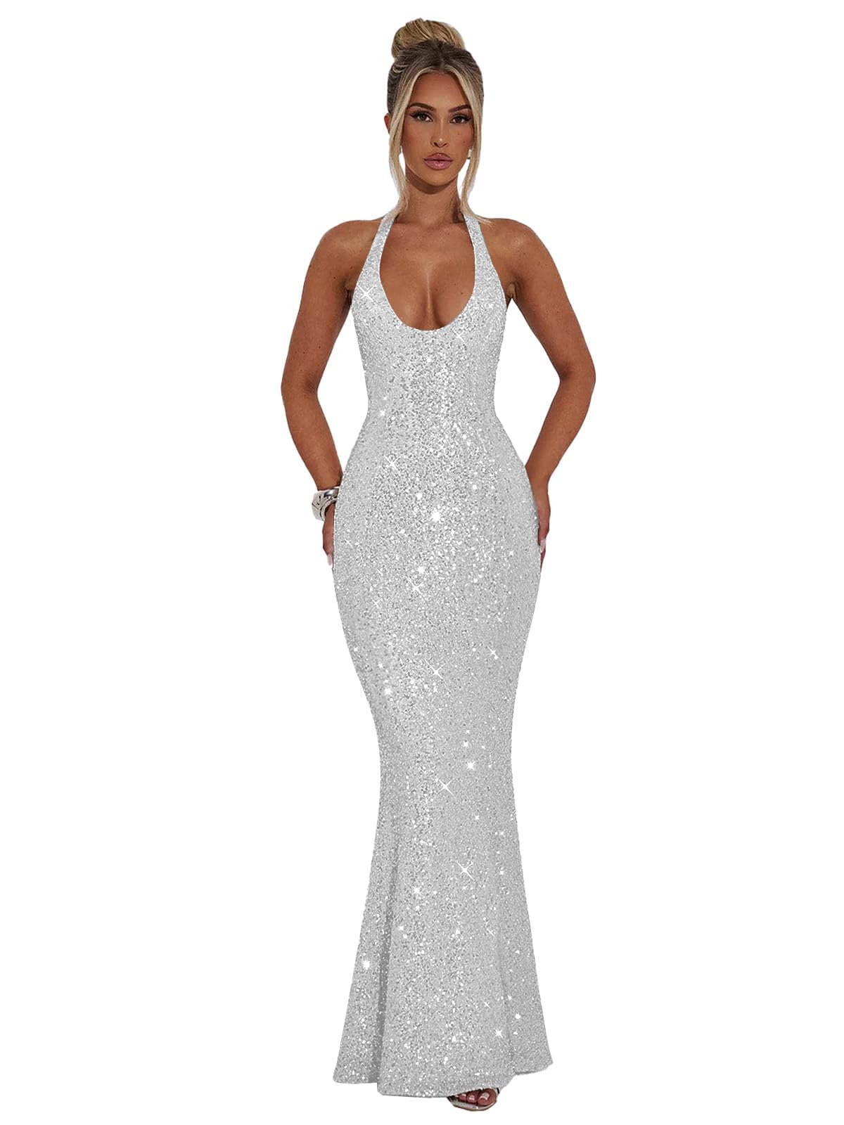 Halter Sequin Prom Dresses for Women Sparkly Corset Mermaid Formal Evening Cocktail Party Gowns Long Dresses for Party