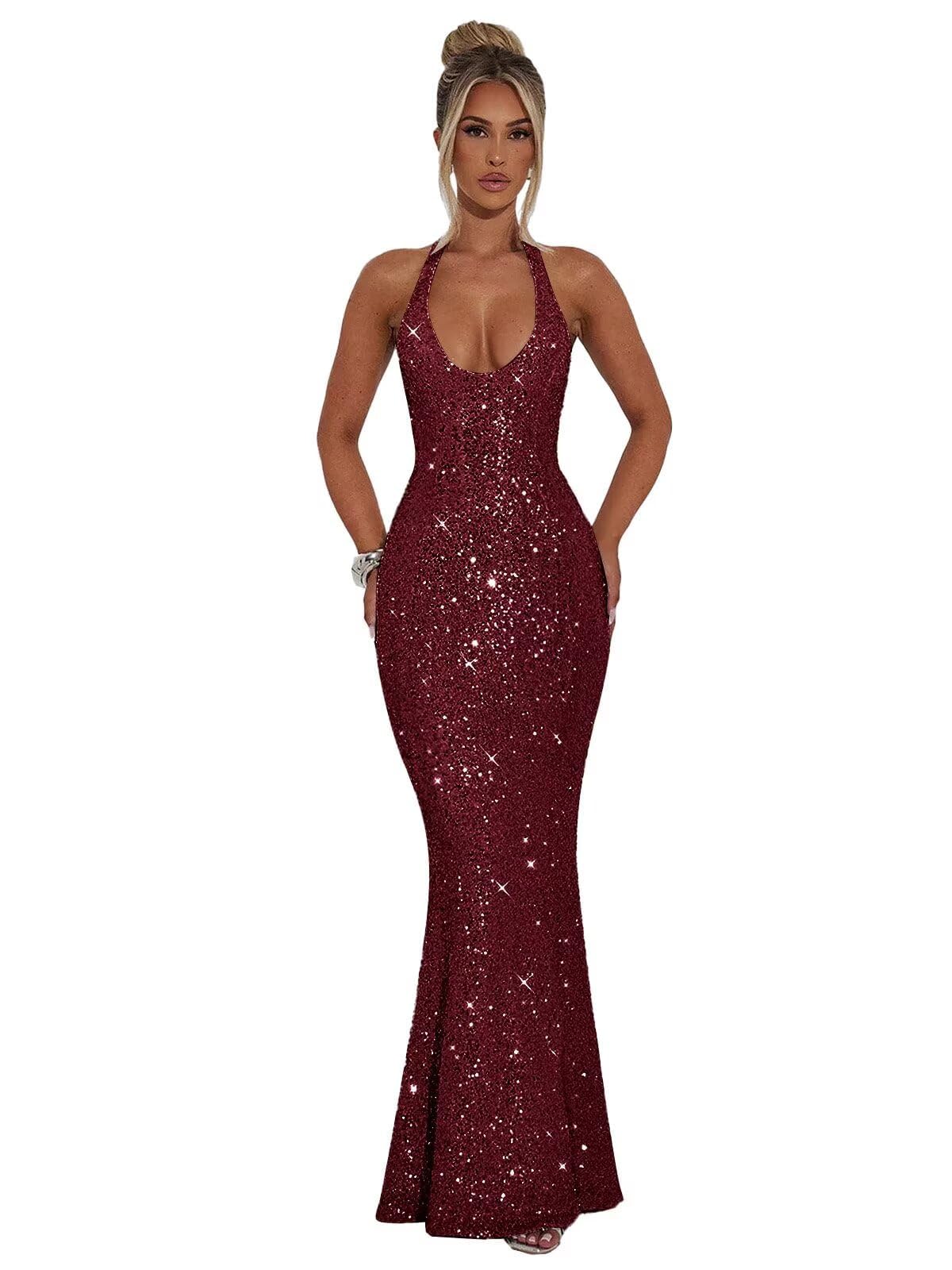 Halter Sequin Prom Dresses for Women Sparkly Corset Mermaid Formal Evening Cocktail Party Gowns Long Dresses for Party