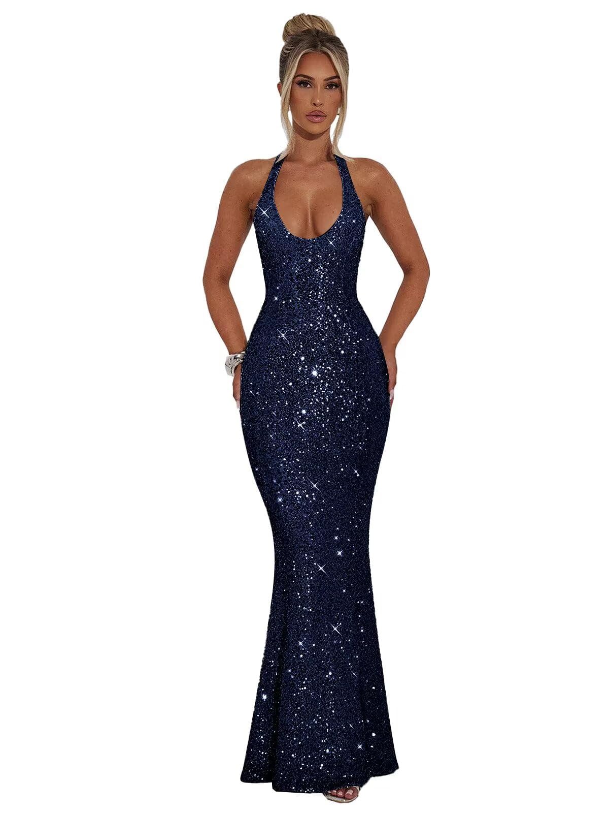Halter Sequin Prom Dresses for Women Sparkly Corset Mermaid Formal Evening Cocktail Party Gowns Long Dresses for Party