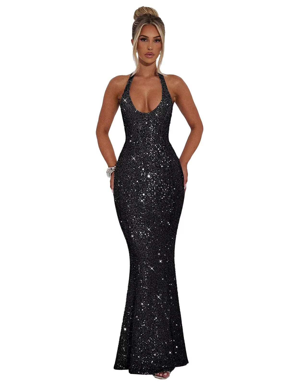 Halter Sequin Prom Dresses for Women Sparkly Corset Mermaid Formal Evening Cocktail Party Gowns Long Dresses for Party