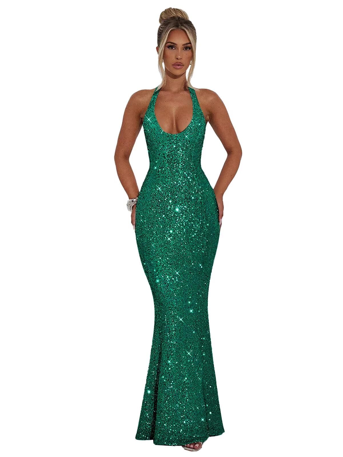 Halter Sequin Prom Dresses for Women Sparkly Corset Mermaid Formal Evening Cocktail Party Gowns Long Dresses for Party