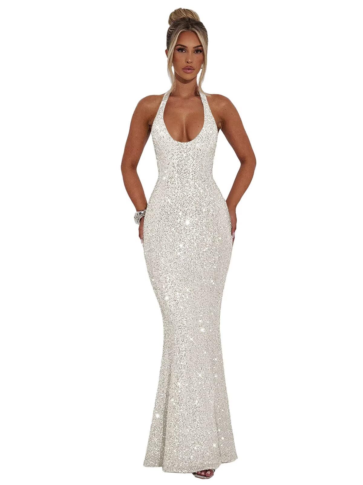 Halter Sequin Prom Dresses for Women Sparkly Corset Mermaid Formal Evening Cocktail Party Gowns Long Dresses for Party