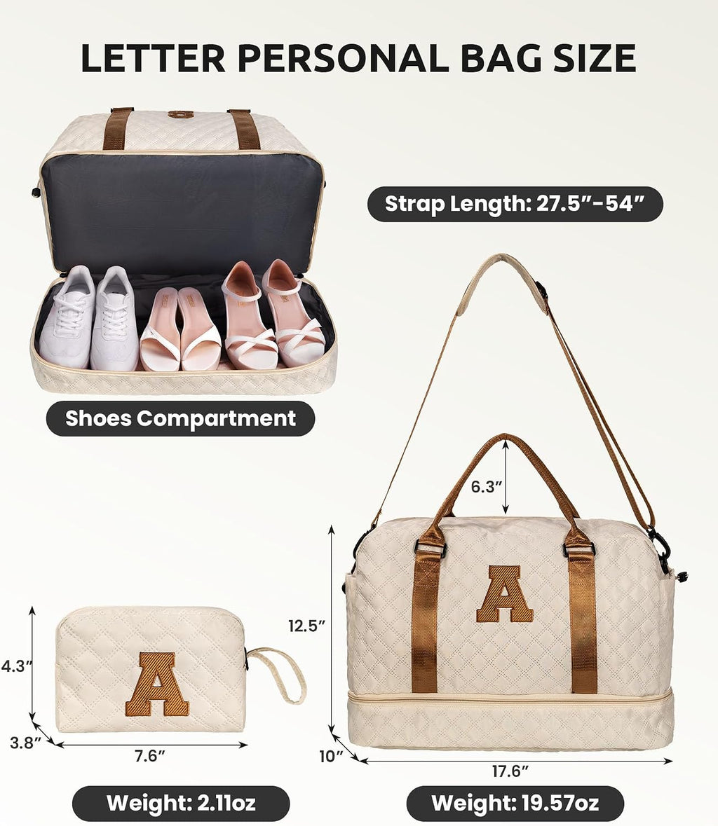 Girl Gift-Women Birthday Gifts-Gifts for Teenage Girls-Personalized Duffle Bag with Shoe Compartment, Kids Overnight Bag,Travel Weekend Bag, Gift for Women Friend Niece Sister (Letter A)