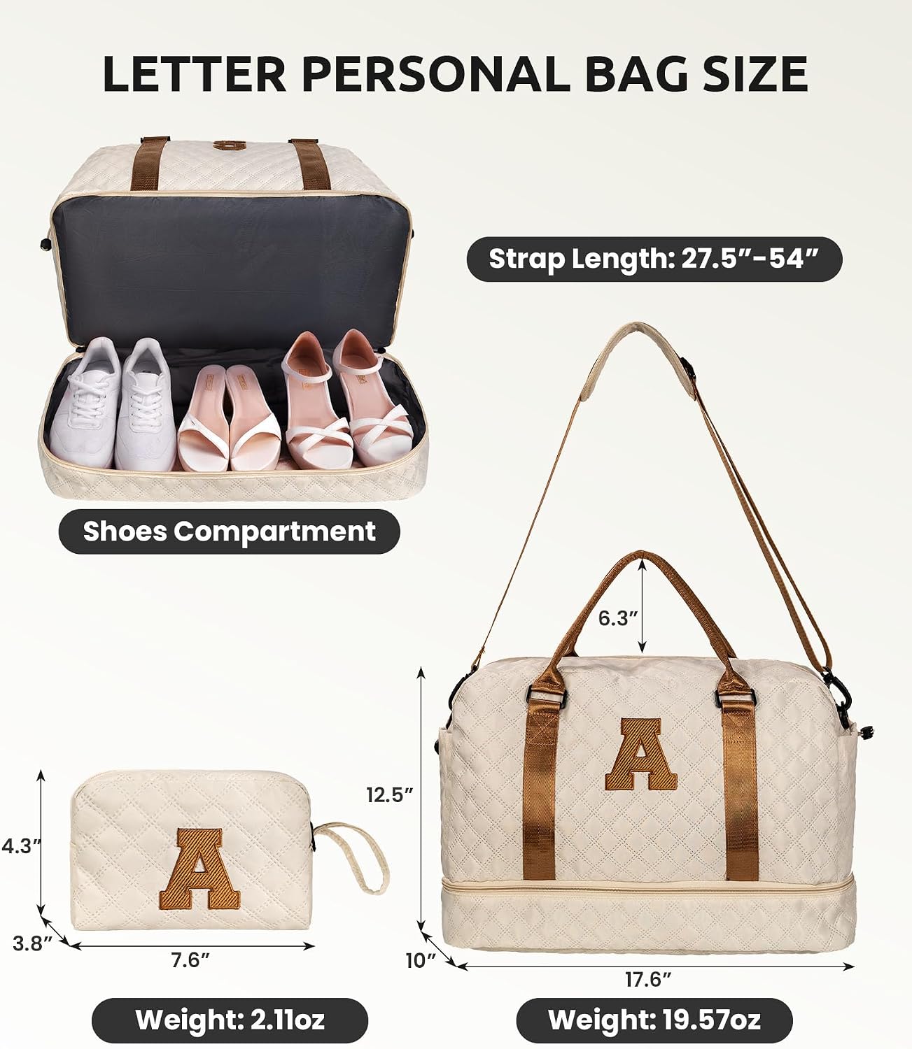 Girl Gift-Women Birthday Gifts-Gifts for Teenage Girls-Personalized Duffle Bag with Shoe Compartment, Kids Overnight Bag,Travel Weekend Bag, Gift for Women Friend Niece Sister (Letter A)