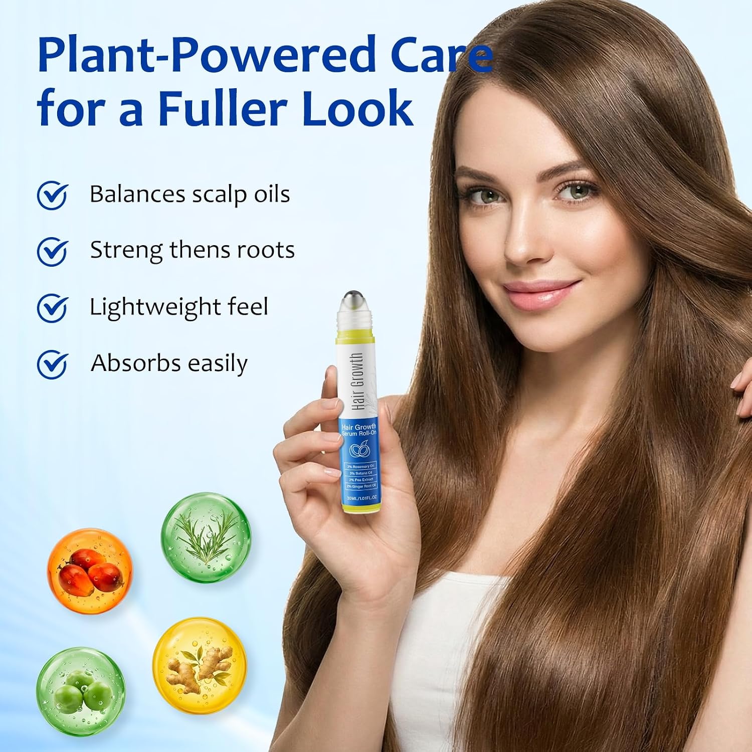Hair Growth Serum Roll On with 3% Rosemary,3% Batana Oil,2% Pea Extract,2% Ginger Root Oil,Stronger Root,stimulate follicle,Hair Thicker,Hair Loss Treatment,Hair Growth Serum(30ML/1.01FL.OZ)