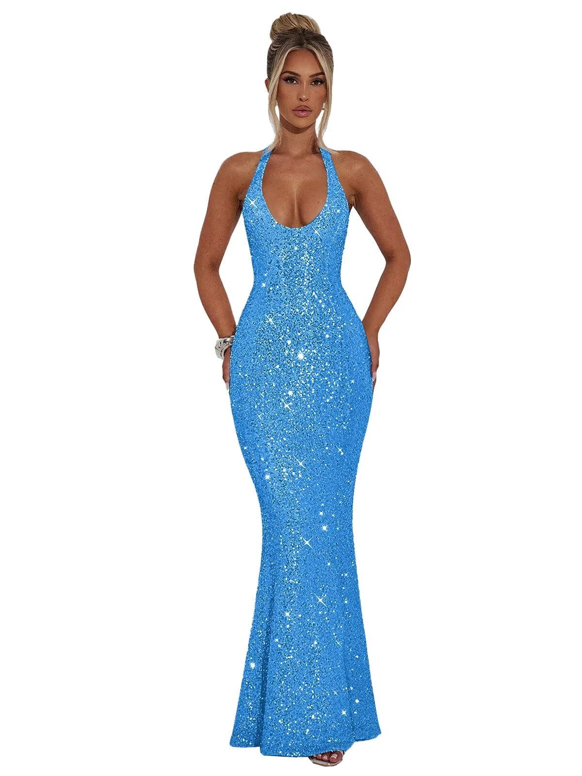 Halter Sequin Prom Dresses for Women Sparkly Corset Mermaid Formal Evening Cocktail Party Gowns Long Dresses for Party