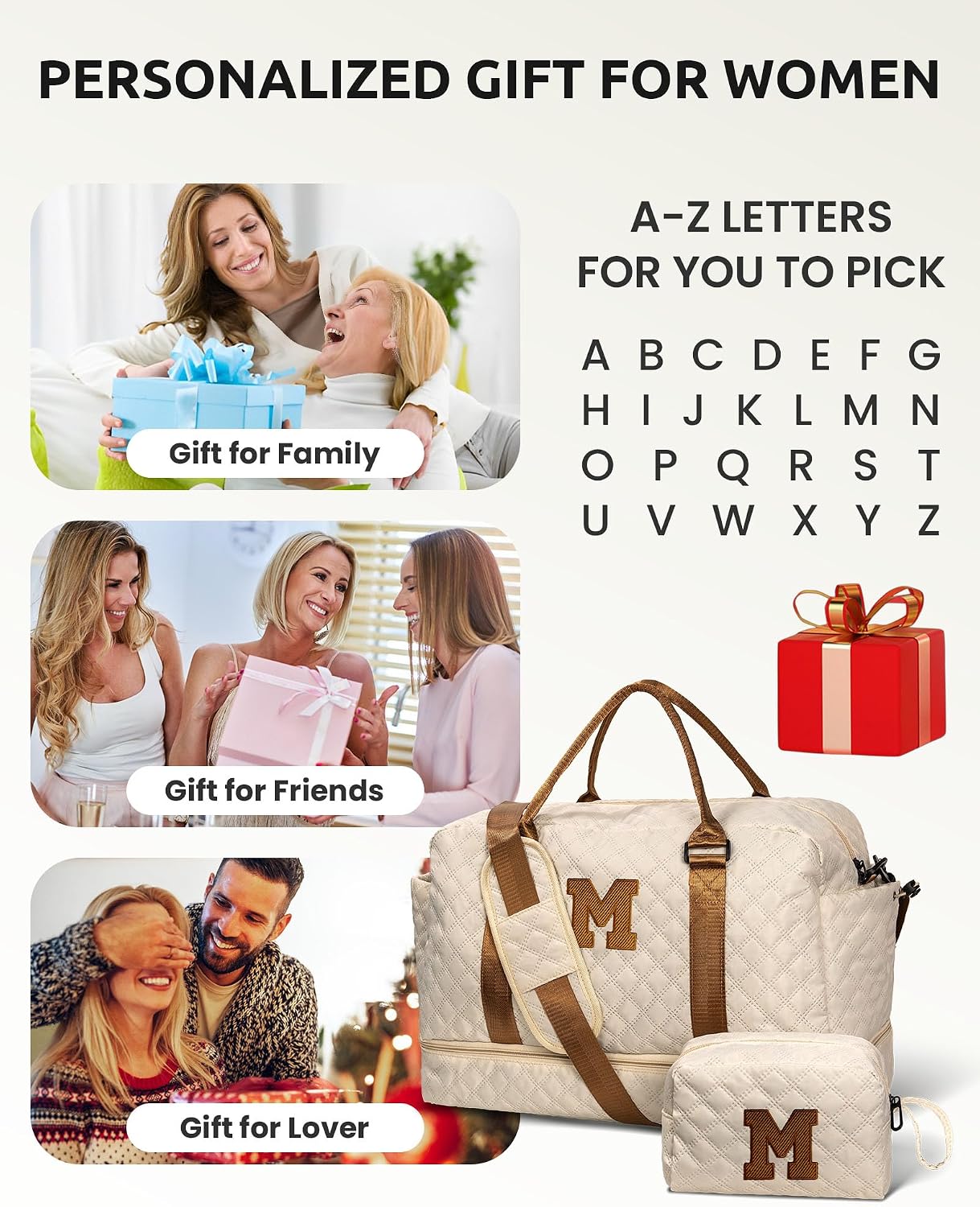 Girl Gift-Women Birthday Gifts-Gifts for Teenage Girls-Personalized Duffle Bag with Shoe Compartment, Kids Overnight Bag,Travel Weekend Bag, Gift for Women Friend Niece Sister (Letter A)