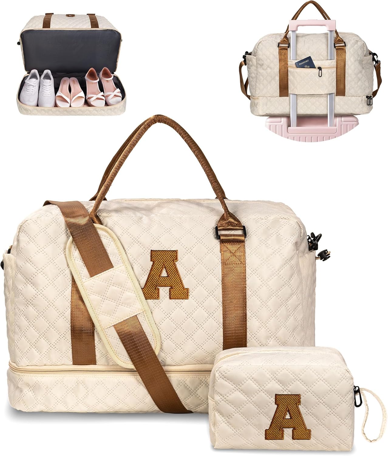 Girl Gift-Women Birthday Gifts-Gifts for Teenage Girls-Personalized Duffle Bag with Shoe Compartment, Kids Overnight Bag,Travel Weekend Bag, Gift for Women Friend Niece Sister (Letter A)