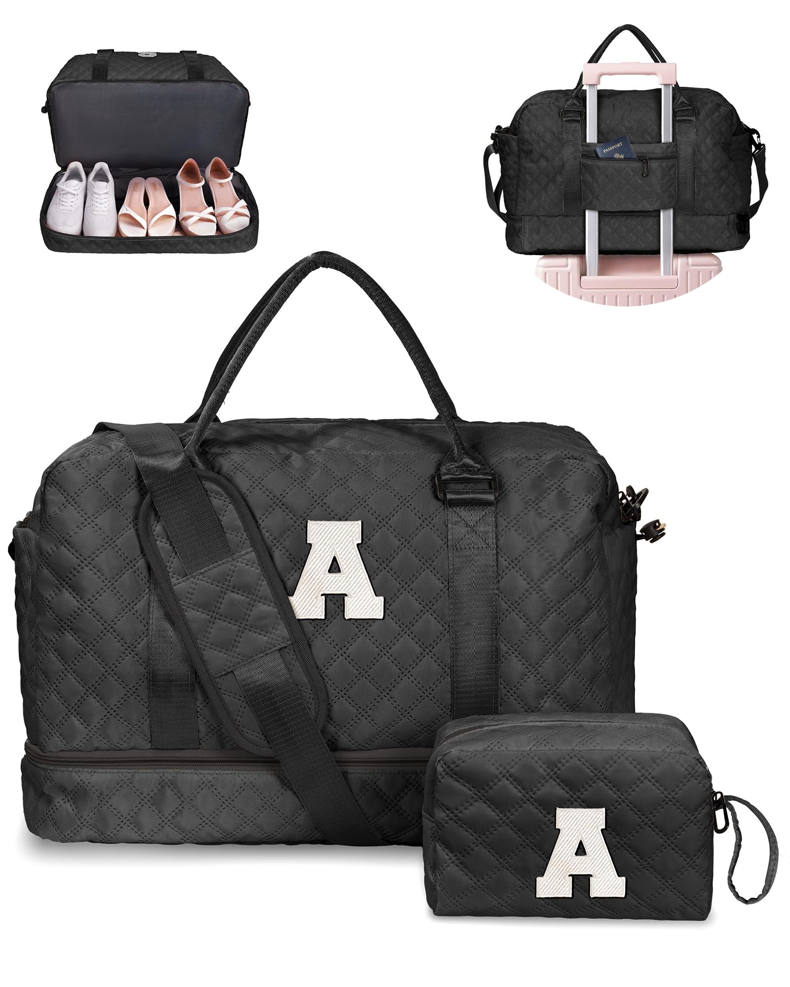 Girl Gift-Women Birthday Gifts-Gifts for Teenage Girls-Personalized Duffle Bag with Shoe Compartment, Kids Overnight Bag,Travel Weekend Bag, Gift for Women Friend Niece Sister (Letter A)