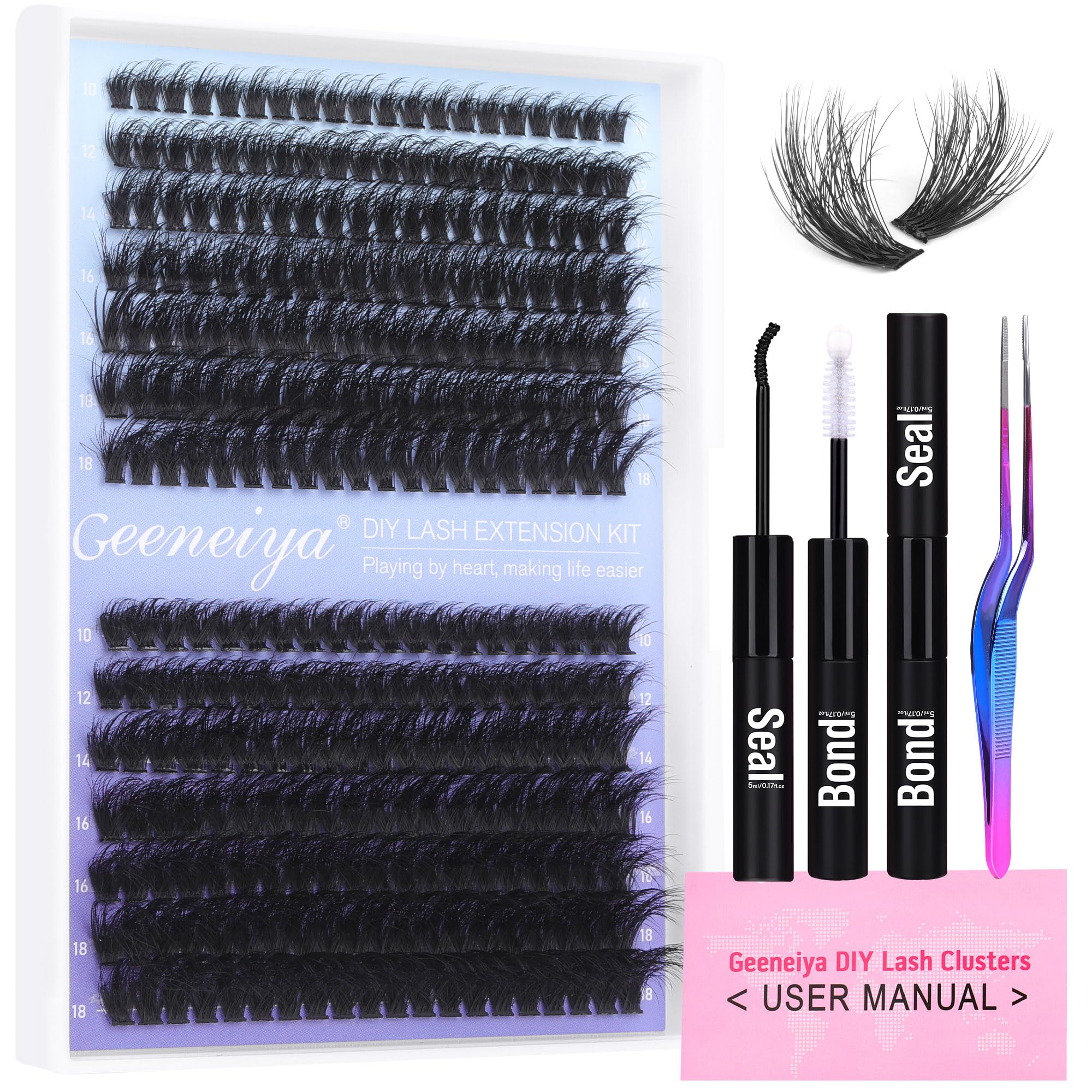 Geeneiya Fluffy Lash Extension Kit Cluster Lashes DIY Eyelash Extension Kit Individual Lashes Kit with Lash Bond and Seal Glue Lash Applicator DIY at Home for Beginners(60P+80P 280Pcs)